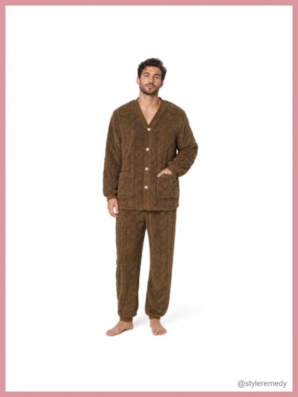 Mens Plush Fleece Pajama Set V-Neck Soft Fluffy Warm Sleepwear
